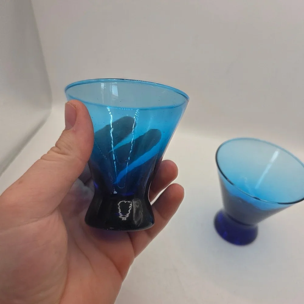 Vintage Cobalt Blue Flared Glass Shot Cordial Glasses Set of 2 Weighted Base
